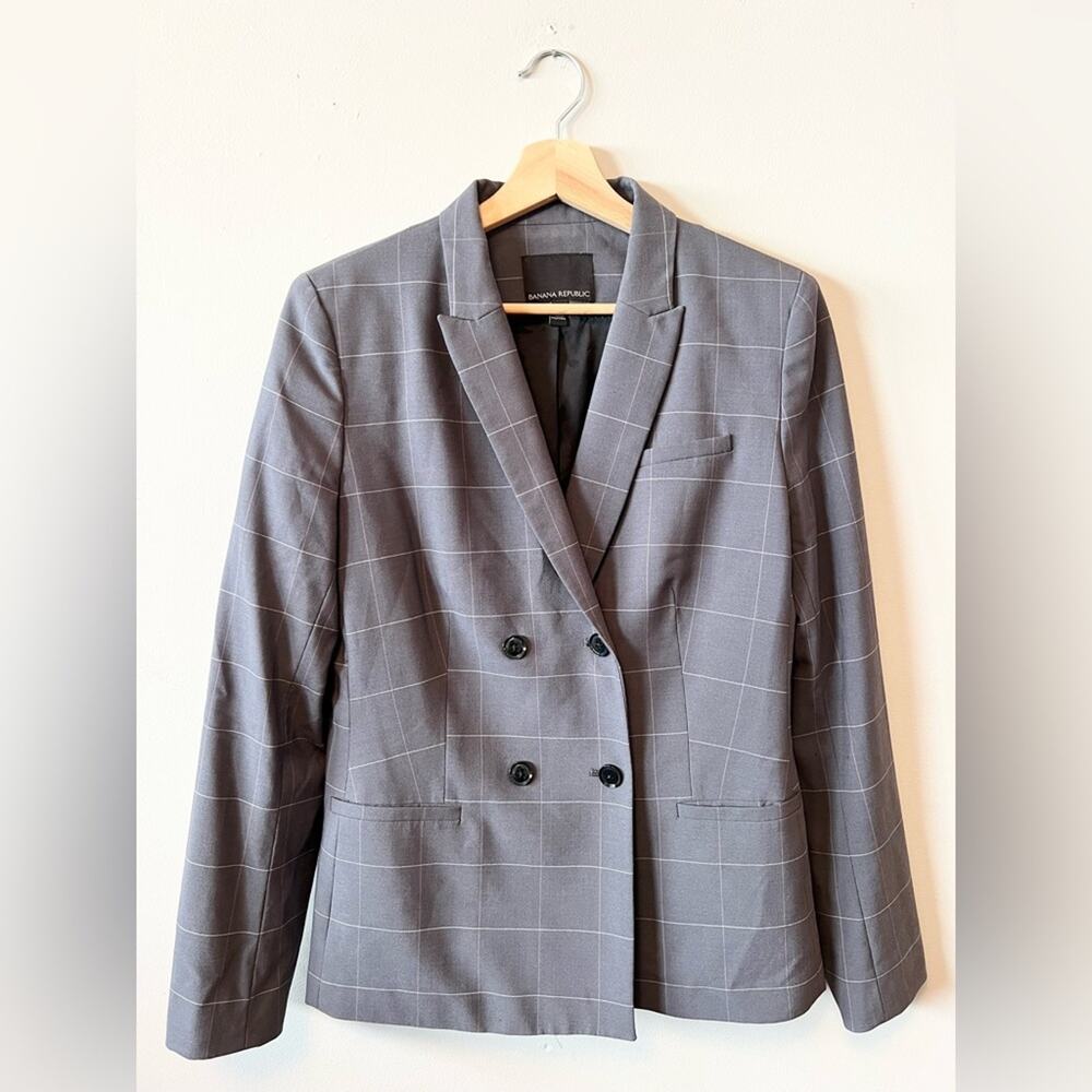 Banana republic blazer grey windowpane double breasted tall wool blend